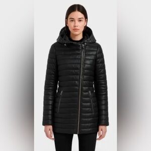 Atelier Noir Black Cortina Coat Quilted Jacket Duck Down Lamb Leather Trim Large